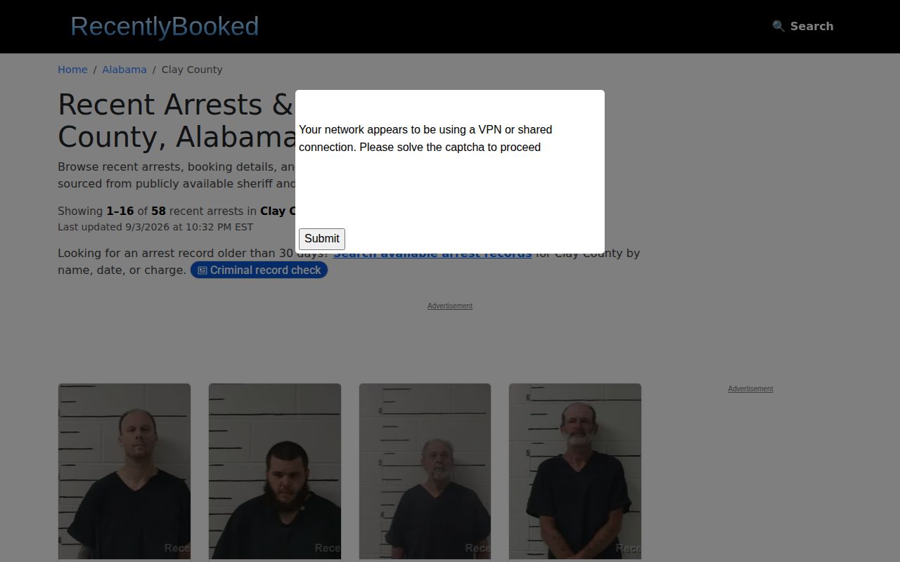 Clay County recent arrests third-party booking page
