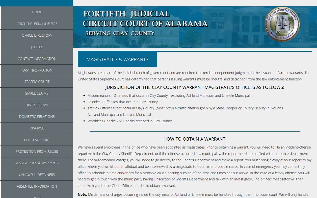 Clay County magistrates and arrest warrants instructions